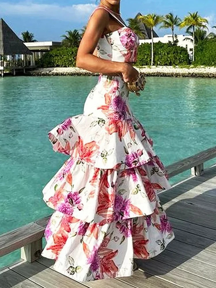 CHICEVER Floral Printing Two Piece Set For Women Hit Color Camisole Vest High Waist Bodycon Pleated Dress Female Clothing Sets