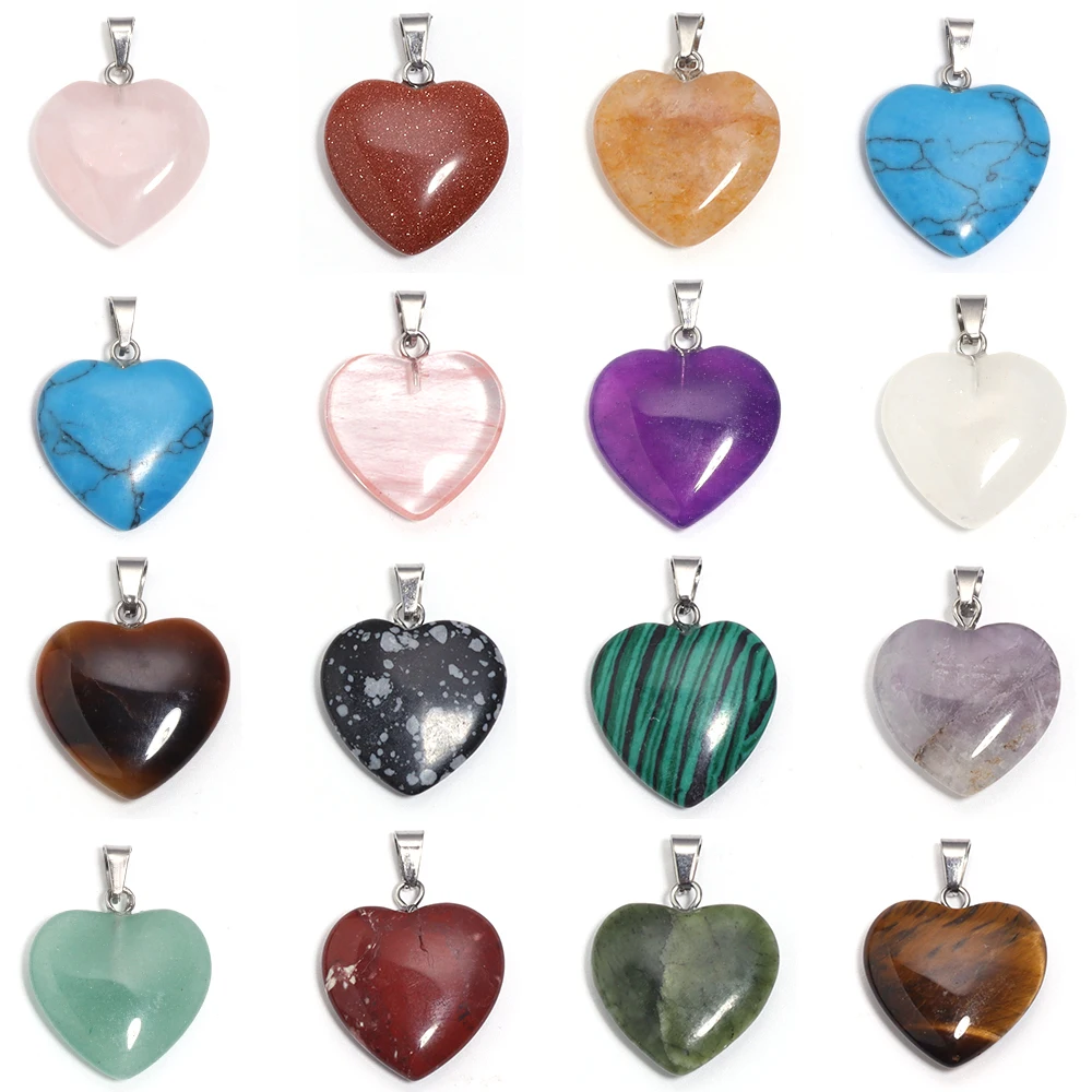 22X20mm Natural Stone Pendants Mix Color Heart Shape Charms Pendants Amethyst Opal Necklace Pendant For DIY Making Jewelry