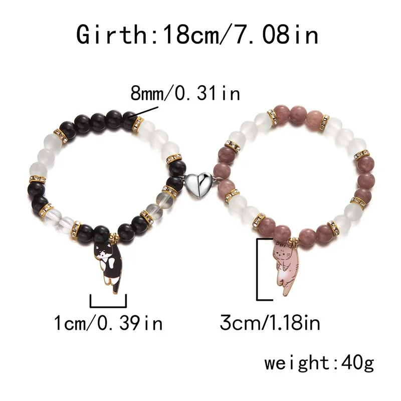 Passende magnetische Paar-Armbänder für Liebhaber, süßer Katzen-Anhänger, Freundschaftsschmuck, Naturstein-Perlen-Armreifen, Valentinstagsgeschenk – Detail 9