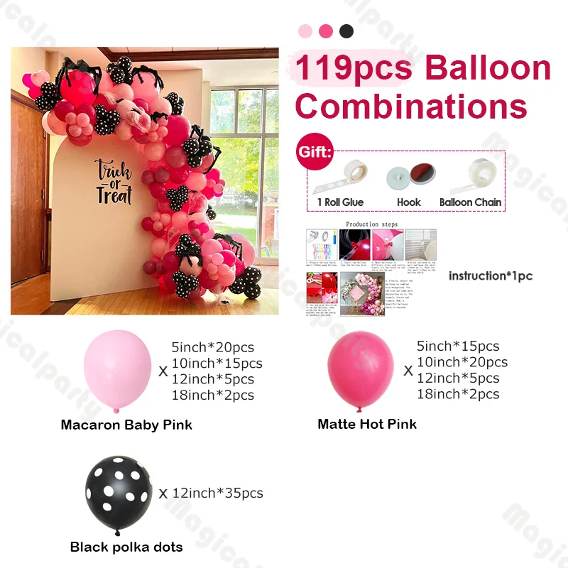 119pcs Halloween Day of the Dead Party Decoration Balloon Set Black and Pink Balloons Garland Arch Kit Halloween Spooky Decorati