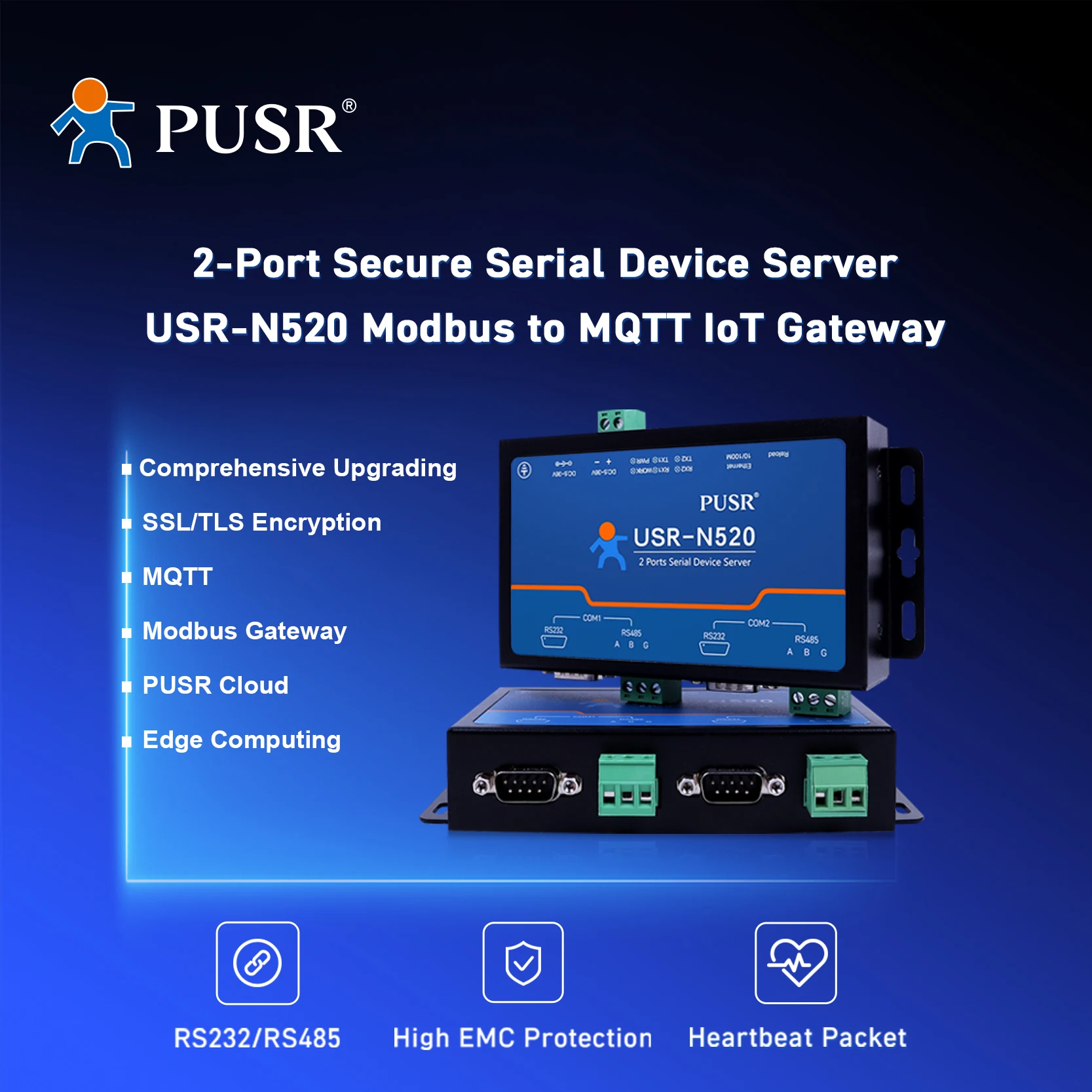 خادم جهاز تسلسلي PUSR بمنفذ 2 ، RS485 ، محول إيثرنت ، يدعم MQTT ، SSL ، Modbus RTU إلى Modbus TCP ، البوابة