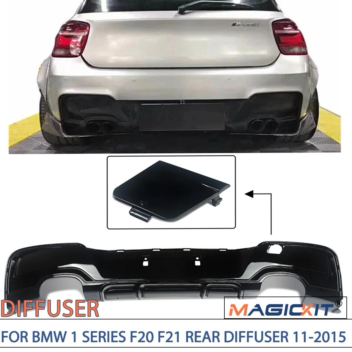 MAGICKIT FOR BMW 1 SERIES F20 F21 REAR DIFFUSER 11-2015 PRE-LCI QUAD EXHAUST GLOSS BLACK Shiny Gloss Black Car Accessories