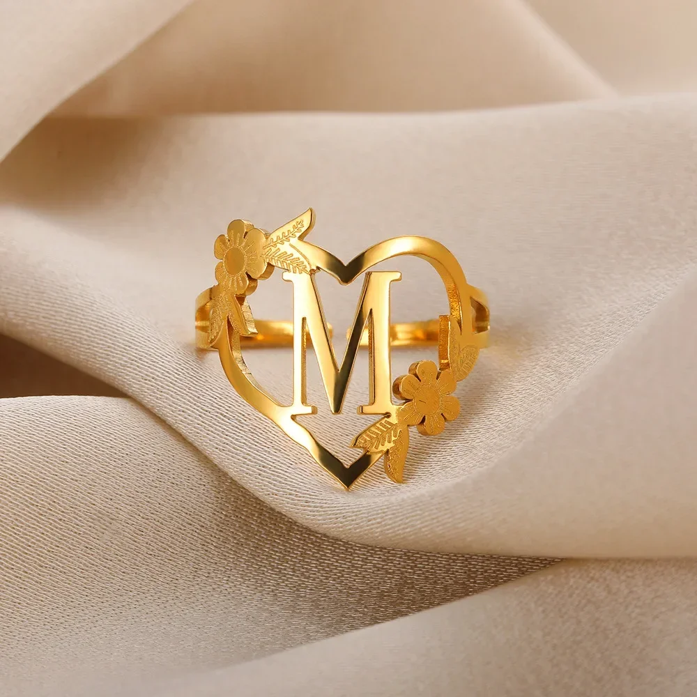 Nieuwe Roestvrijstalen Initialen Bloem Hart Ringen Goud Kleur Verstelbare Delicate Letter Blad Ringen Voor Vrouwen Meisje Alfabet Sieraden