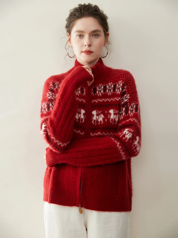 

American Retro Style Chic Women's Autumn Winter High Quality 100% Cashmere knitted Cardigan Thick Sweater Coat Jacquard New Tops