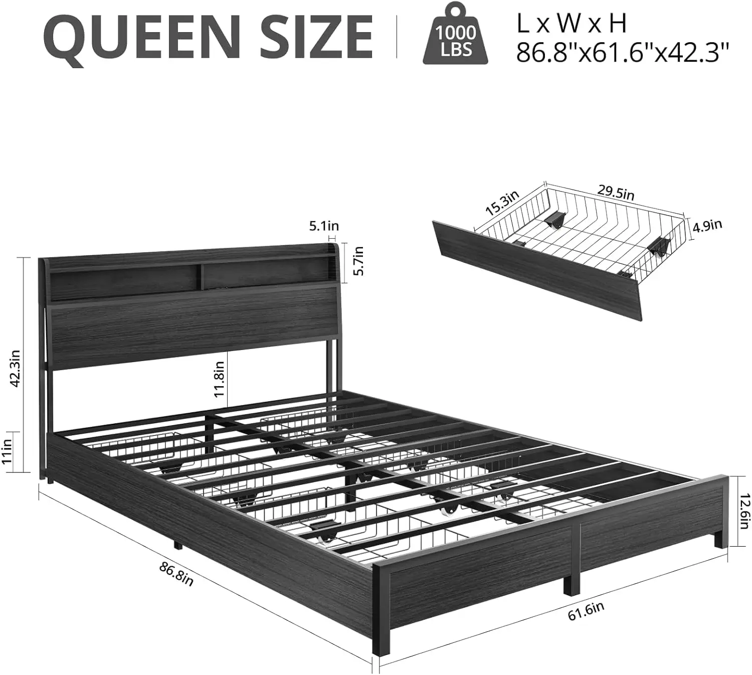 Queen Bed Frame with Storage Headboard and 4 Drawers, Metal Platform Bed Frame with USB Charging Station, Noise Free, Easy Assem