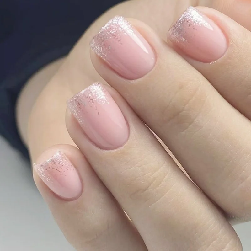 24 pçs imprensa curta em unhas falsas arte simples roxo com pó brilhante design unhas conjuntos datchable redondo quadrado dicas de unhas falsas