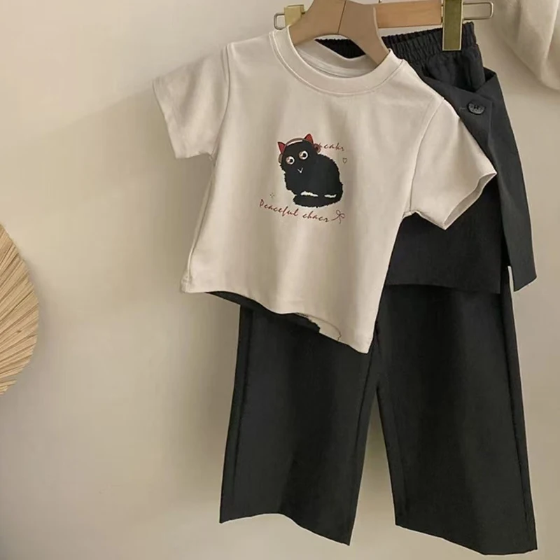 2025 Summer New Girls Clothing Set Cartoon Cat Print T-shirt+Straight Through Pants 2Pcs Suit For 2-8 Years Kids Casual Outfit