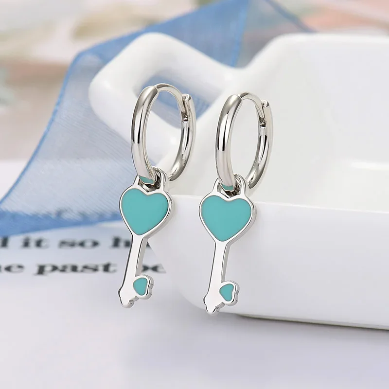 925 Silver Needle Lock Shaped Earrings For Women Enamel Key Pendant Hoop Earrings for Women Sweethearts Lovers Jewelry Gift