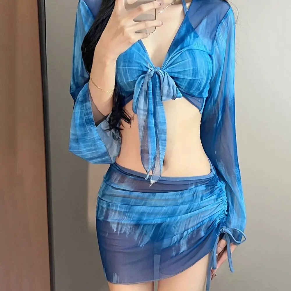 Tie Dye Bikini Set Mesh Long Sleeve Pleated Skirt Swimsuit Set Drawstring Mini Skirt Side Ruched Swimwear Set Swimming