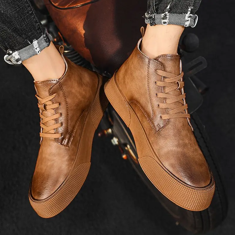 Leather Leisure Vulcanize Shoes for Men Deals Boots Chunky Casual Board Shoe Breathable Lace Up Spring Autumn Work Sneakers Man