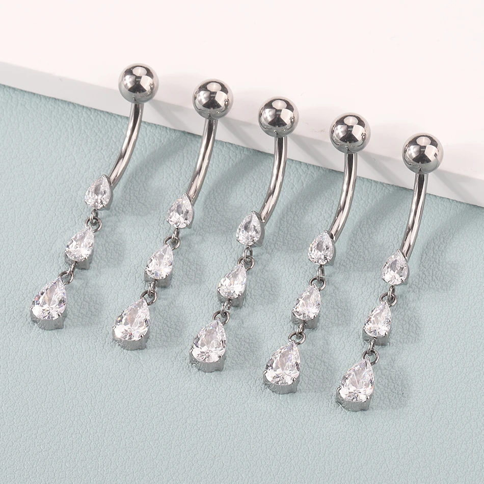 1/5PCS Titanium 14G Dangle CZ Gems Belly Button Ring Zirconia Waterdrop Pendant Navel Nail Piercing Ombligo Jewelry for Women