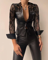 Mode Vrouwen Pu Lederen Sheer Mesh Top Femme Casual Buttoned Lange Mouwen Pocket Ontwerp Skinny Blouse Office Lady Outfits Y2k