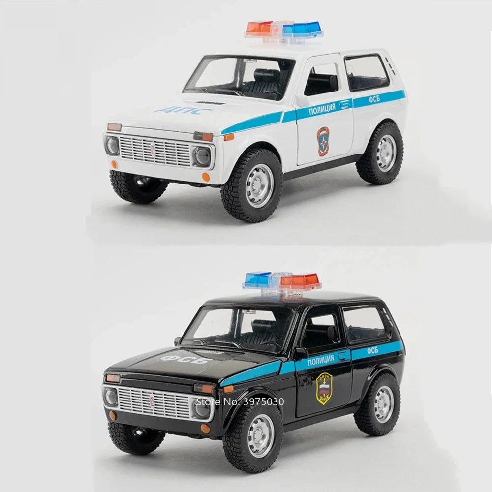 1/18 Alloy Diecast Russia Lada NiVa Police Car Toy Model with Pull Back Sound Light Doors Opend Toys Vehicle Model Gift for Boys