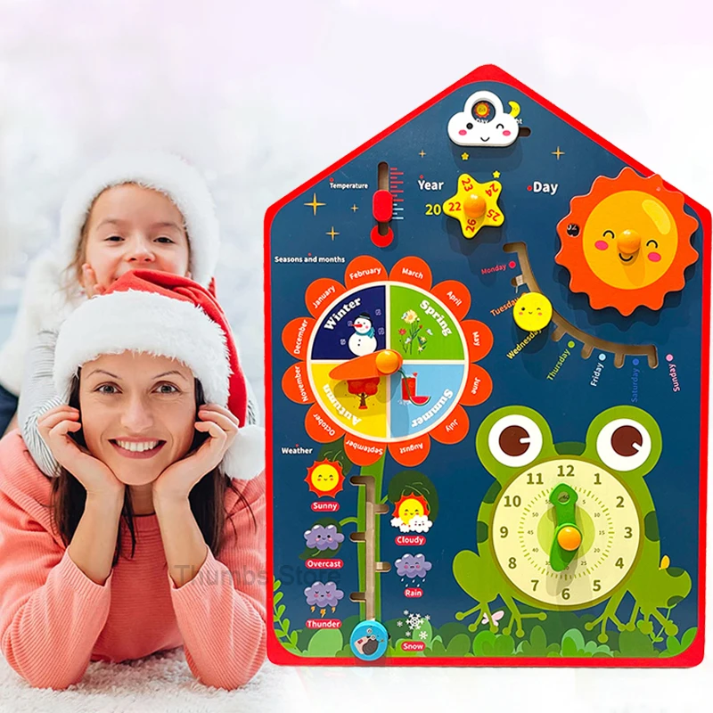 Children Montessori Wooden Clock Busy Board Toy 8-in-1 Multi-function Calendar Weather Kids Cognitive Time Learning Teaching Toy