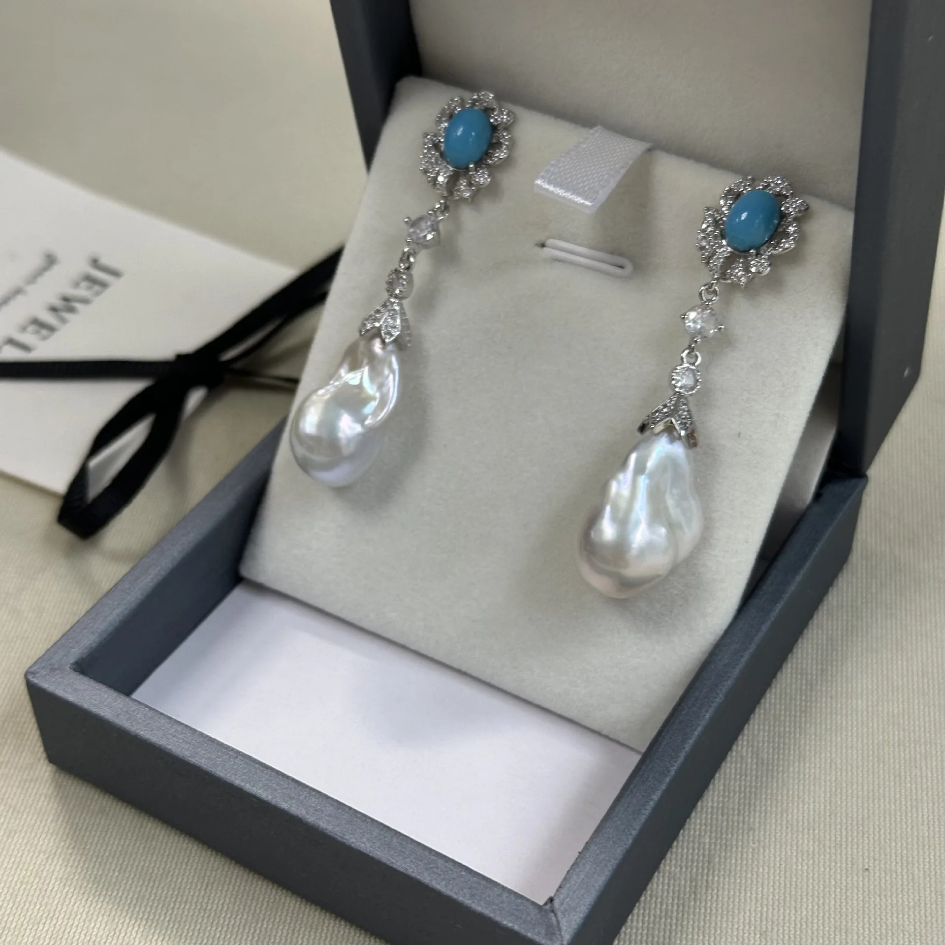 

Natural Baroque Turquoise Earrings AAA12-18mm South Sea Pearl Earrings 925s