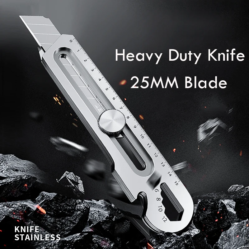 Scalable Box Cutter, 18/25mm Stainless Steel Utility Knife With 6 in 1 Functions - Bottle Opener/Ruler/Tail Break/Screw