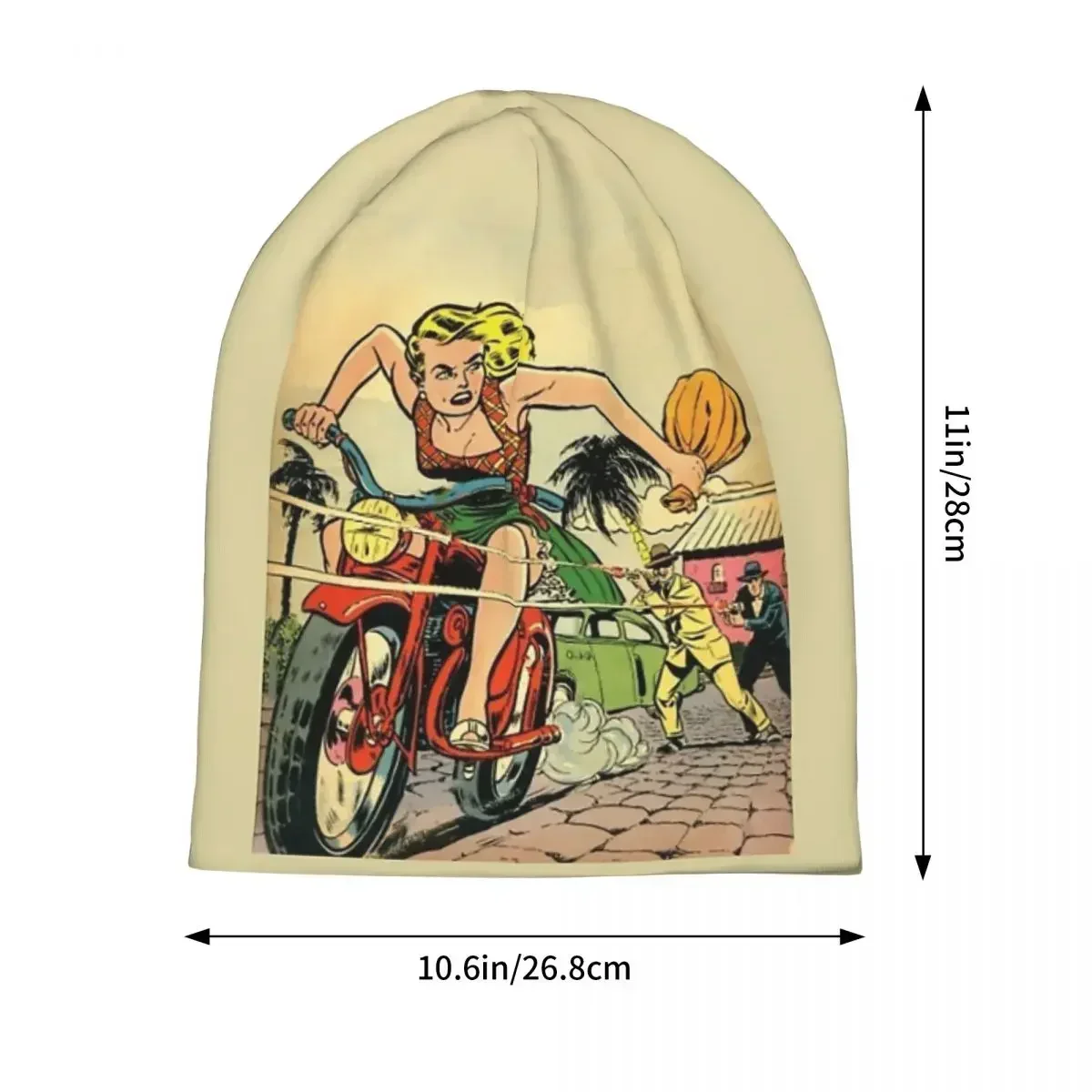 Vintage Comic Illustration - Woman On Motorbike Warm Knitted Cap Hip Hop Bonnet Hat Outdoor Beanies Hats for Men Women Adult