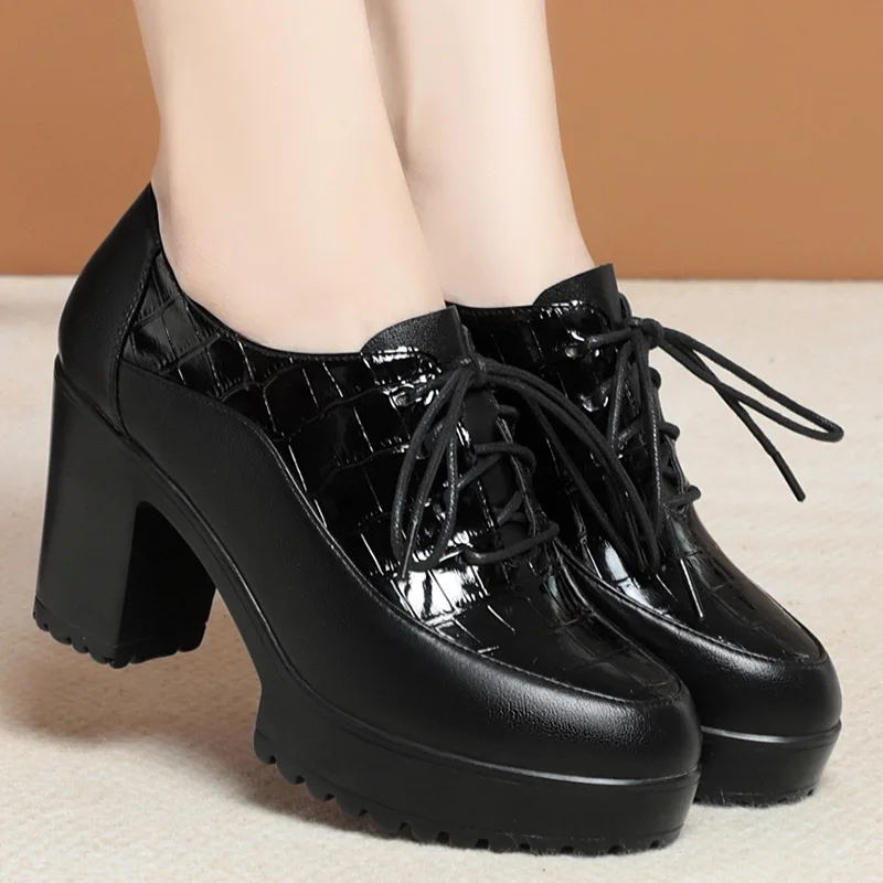 Deep Mouth Soft Leather Shoes Women Oxfords Platform Pumps High Heels Shoes Black Lace up Office Work Pumps Shoes Comfortable