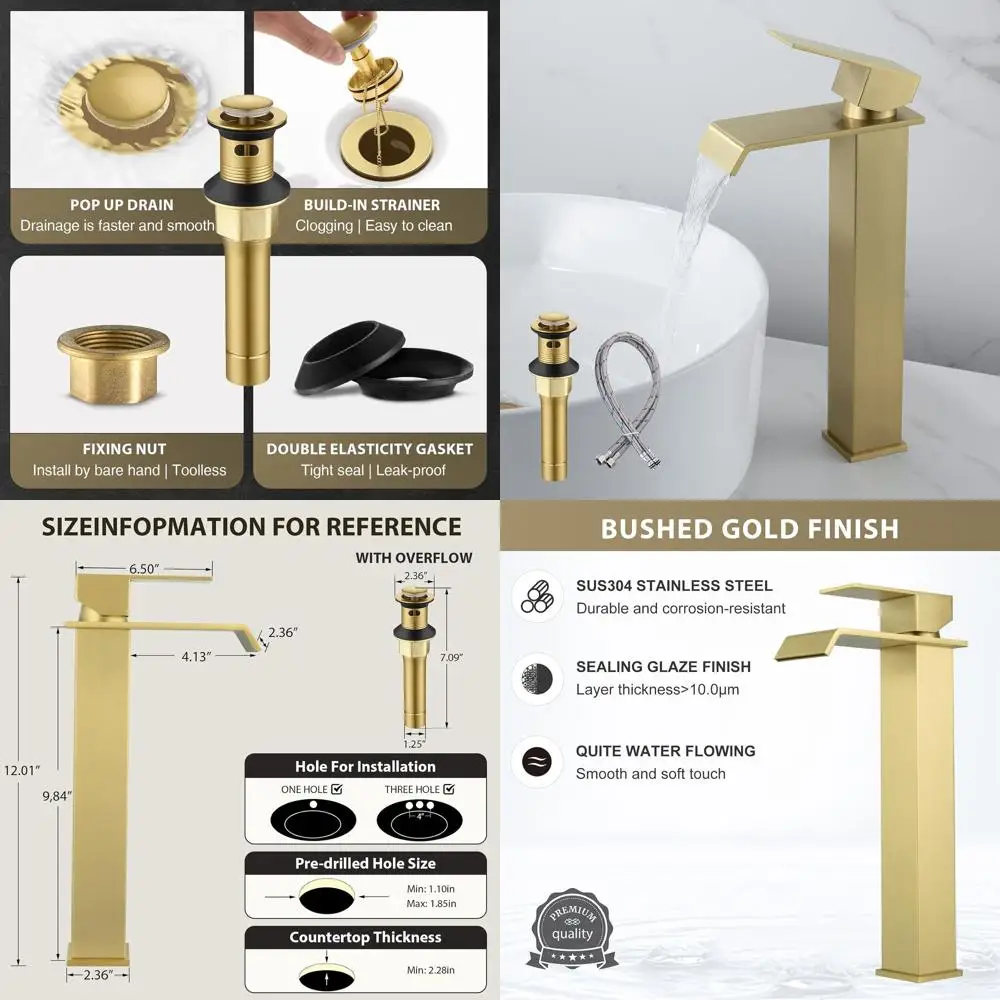 

Modern Single Handle Waterfall Faucet with Drain, Brushed Gold Finish, Suitable for Tall Vanity and Lavatory Sinks, Made of SUS3