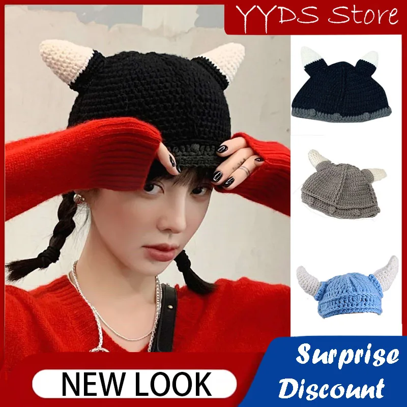 Y2K Parent-child Crochet Hat Weaving Windproof Earmuffs Beanie Horn Warm Hat Bomber Female Party Photography Winter Hat