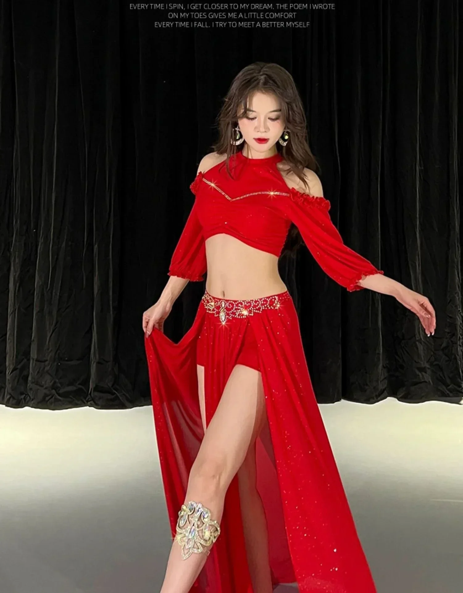 Belly Dance Dress Autumn/Winter Mesh Sexy Off Shoulder+Split Skirt 2PC Practice Dress Oriental Dance Performance Set