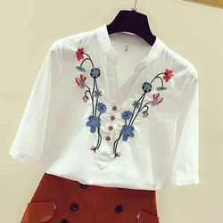 Summer Elegant Embroidery Cotton Blouses Loose White Casual Women Tops and Blouses V-Neck Shirts for Women New Clothes 3140 50