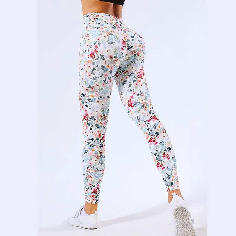 Floral Open Crotch Erotic Pants Outdoor Sex Yoga Leggings Peach Hip Push up Jogger Fitness Trousers Sports Running Tights Women