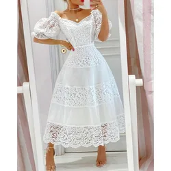 2023 Wedding Long Dresses White Floral Dress Women Summer Elegant Puff Sleeve Slash Neck Dress Lace Stitching Slim Party Prom