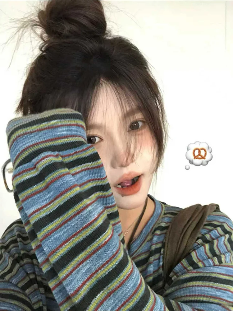 

Loose Fit round Ne Long Sve Hoodie Women's Sle Korean Lazy Stripe Pattern Autumn New Faion Casual Versatile Top