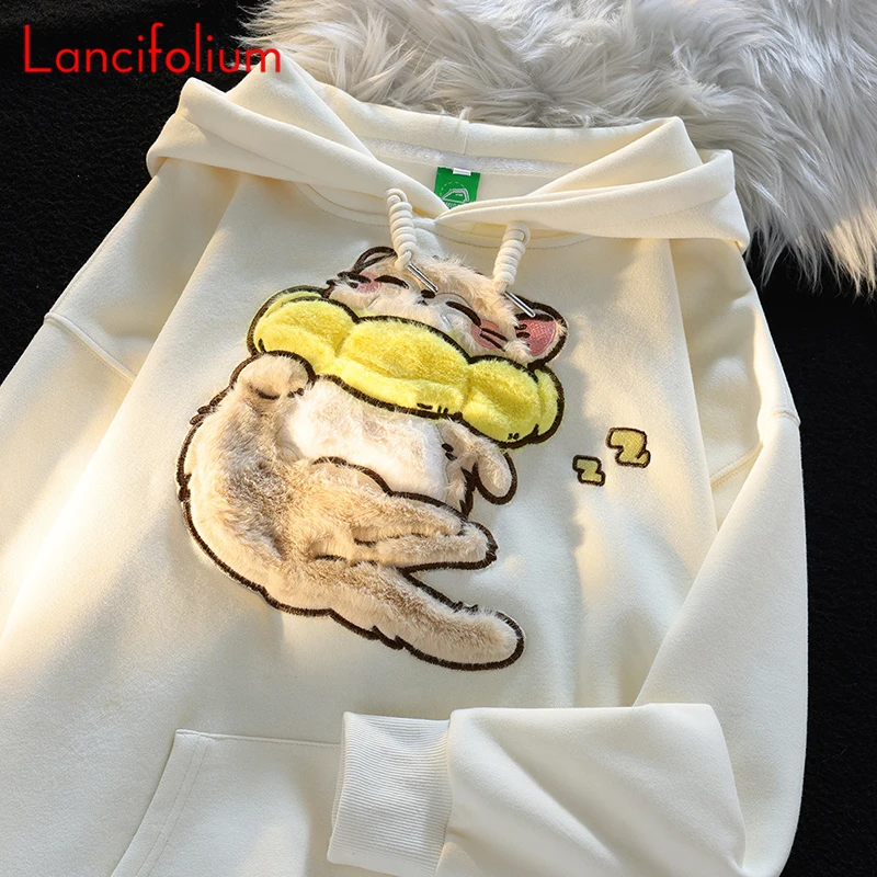 Flocking Kawaii  Cat Embroidery Hooded Hoodie Women Design Chic Kangaroo Pocket Preppy Couple Streetwear Jacket Sweatshirt Top