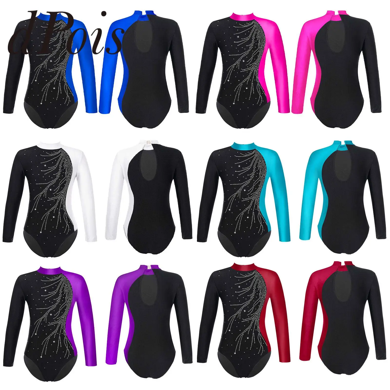 

Kids Shiny Rhinestone Ballet Dance Leotard Patchwork Dancewear Teens Gymnastics Jumpsuit For Girls Ice Skating Bodysuit