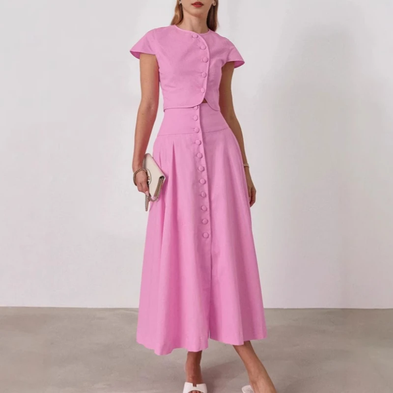 French Style Elegant A-line Long Skirt Set Women's Fashion Small Fragrance Pink Top Skirt Two-piece Set Women's Clothing view 3