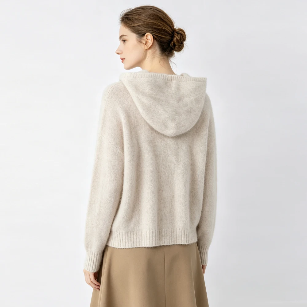 2026 Women's Fashion Autumn New 90%Wool 5%Cashmere 5%Natural Mulberry Silk Fluffy Pulling Comfortable Versatile Hooded Sweater