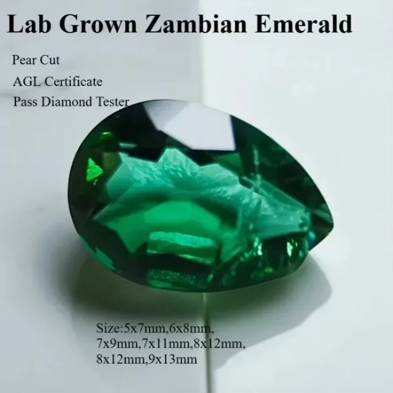 Lab Grown Zambian Emerald- Hydrothermal, Hand-Cut, Pear Shape, with Cracks Inclusions, Selectable  Certificate For Jewelry