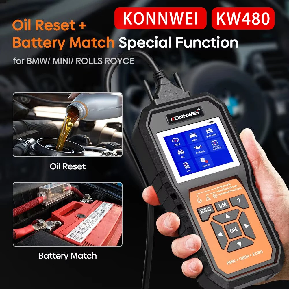 

Полнофункциональный диагностический сканер KONNWEI KW480 OBD2 для всех систем, с функциями сброса OIL/TPMS, адаптером O2 и инструментами для чтения кодов неисправностей.