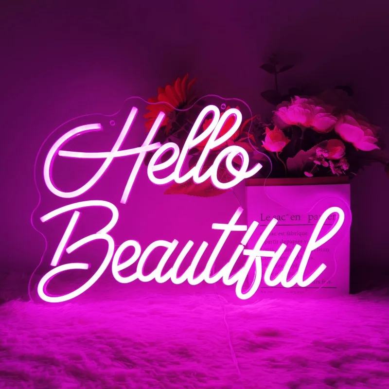 Hello Beautiful letrero de neón, luz LED rosa, interruptor regulable para el hogar, dormitorio, sala de estar, barra de belleza, fiesta, 17x11,8 pulgadas, 5V, USB