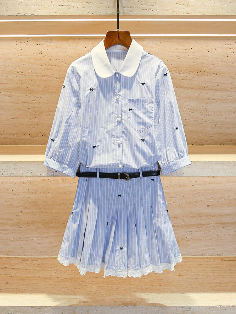 

Miumem Premium Women's Faion Set Doll Collar irt with Pleated Skirt Autumn College Sle ort Sve Button Closure