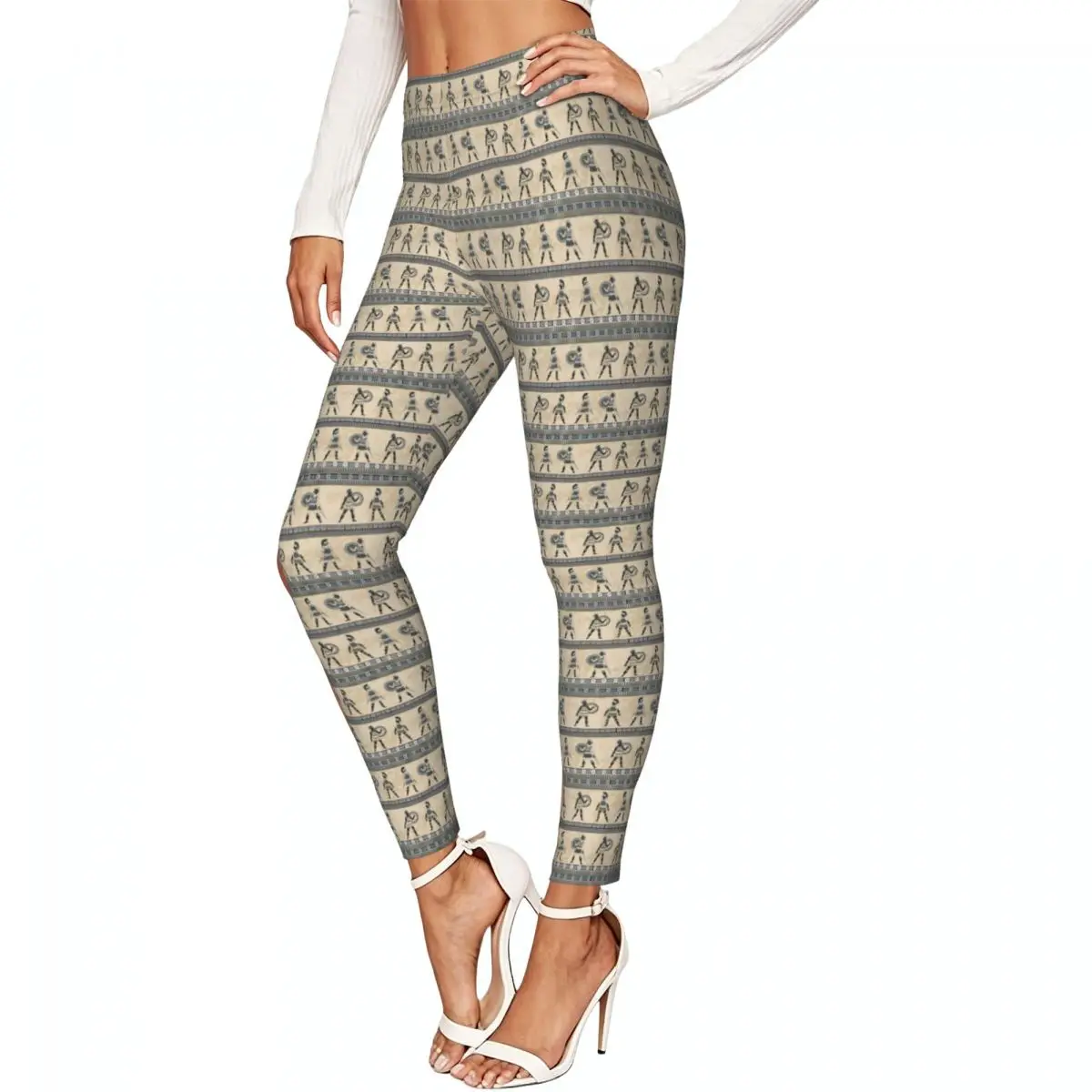Women Full Length Elastic Leggings High Waist Tight Pants Ancient Greek Fighting Traditional Ethnic Background Casual Bottoms