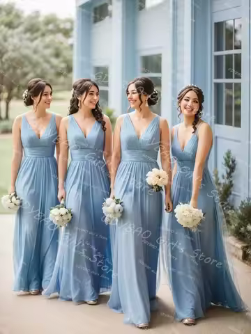 Chiffon Pleated Bridesmaid Dress Women Double V Neck Wedding Guest Frock Customized A-line Prom Dress Floor Length Evening Gown