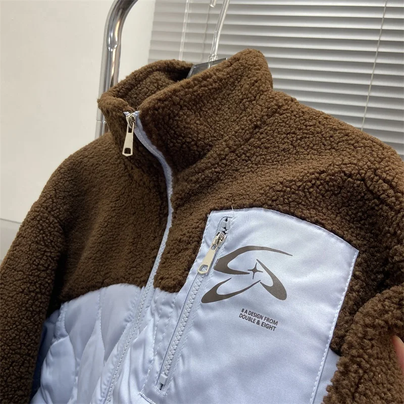 خليط القطن Jaet الرجال الشتاء المطرزة رسالة لامب المخملية Thiened معطف غير رسمي محايد بسيط الأزرق البني الربط