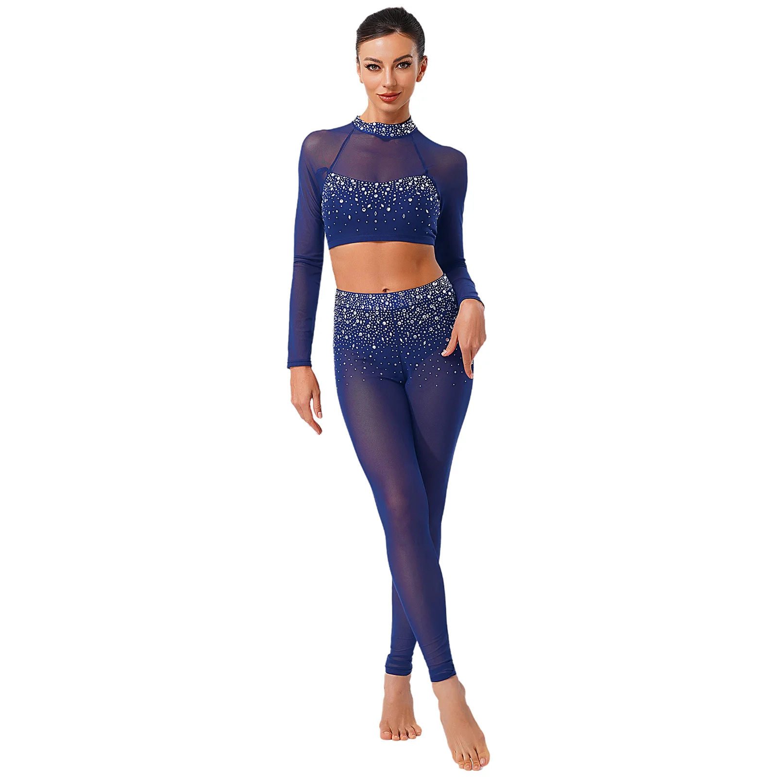 Roupa de dança lírica moderna feminina strass manga longa pura malha colheita superior leggings collants ballet latino ginástica treino