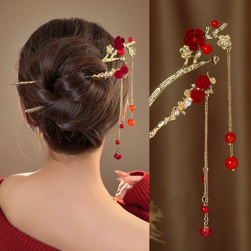 Tusuk Rambut Gaya Cina Retro Merah dengan Rumbai Hanfu, Bunga, dan Aksesoris Jepit Rambut Wanita dari Logam