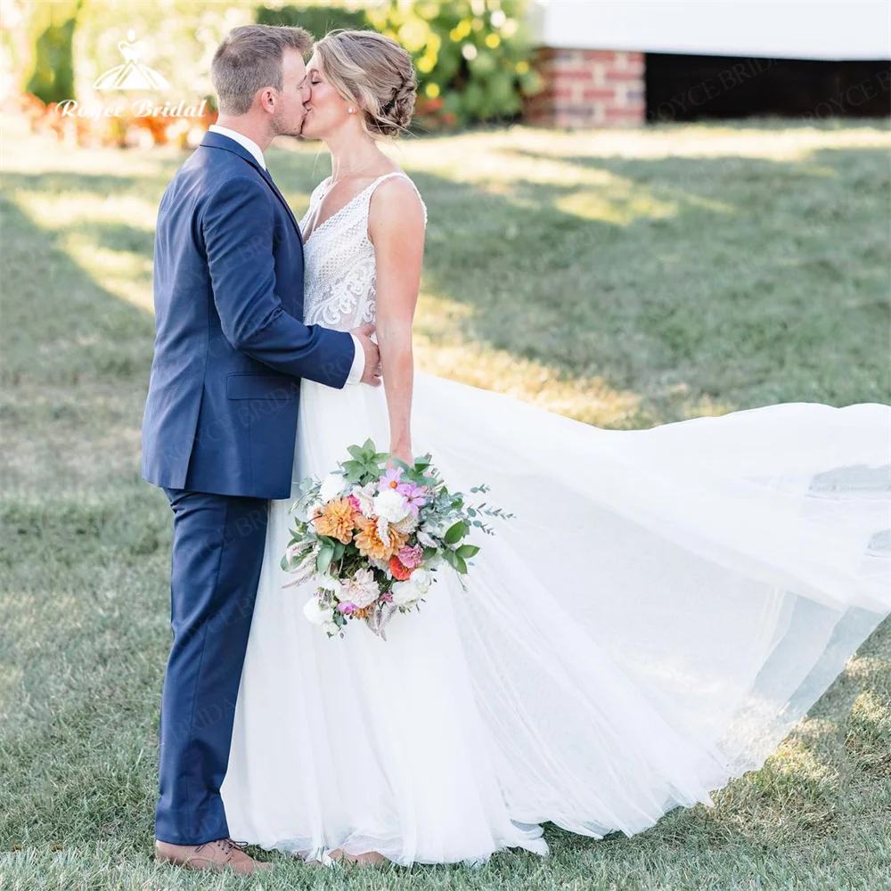 Böhmisches Spitzen-Chiffon-A-Linien-Hochzeitskleid mit V-Ausschnitt, individuell gestaltet, ärmellos, sexy, rückenfrei, formelle Brautkleider, Vestidos de Novia