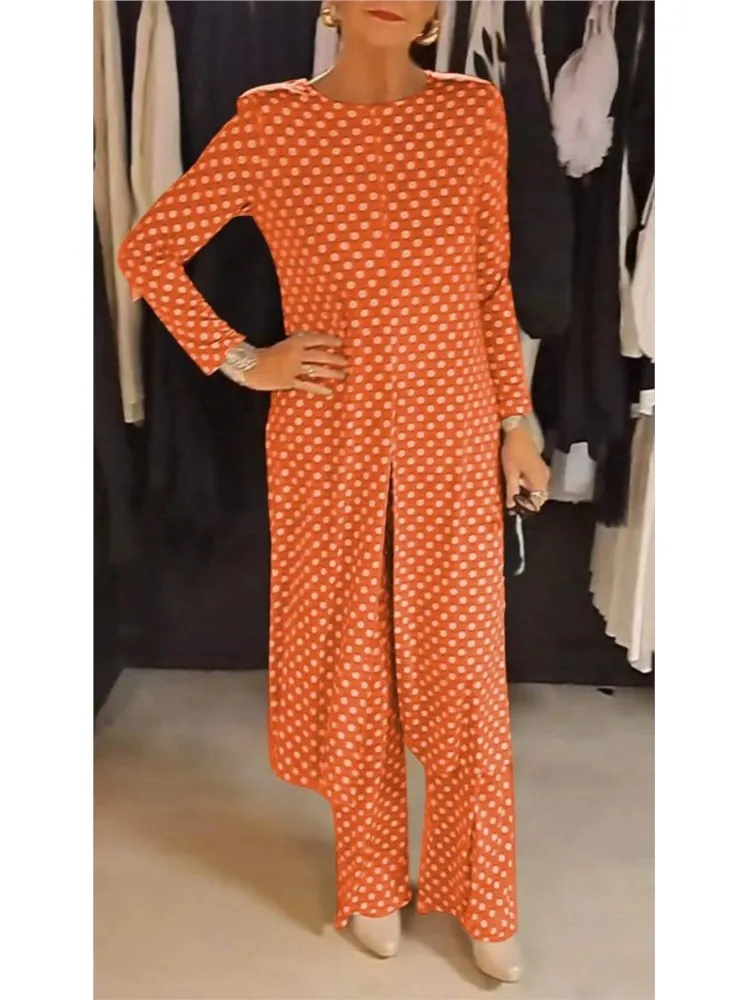 Spring Autumn Fashion O-neck Slit Long Top Long Pant Sets Women Casual Long Sleeve Loose 2Pc Outfit Elegant Polka Dot Print Suit