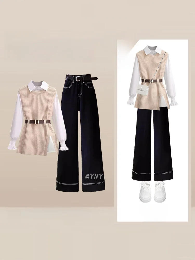 

Модный комплект для повседневной носки: рубашка с длинным рукавом, вязаный жилет, джинсы с высокой талией и прямым кроем, женский осенний костюм из трех предметов в повседневном стиле