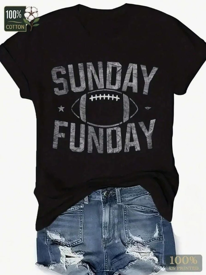 2026 New Fashion Women Crew Neck T-Shirt SUNDAY FUNDAY Quote Black Tee White Gray Football Graphic Print Comfort Fit Short Sleeve Machine Washable Basic Top T-Shirt
