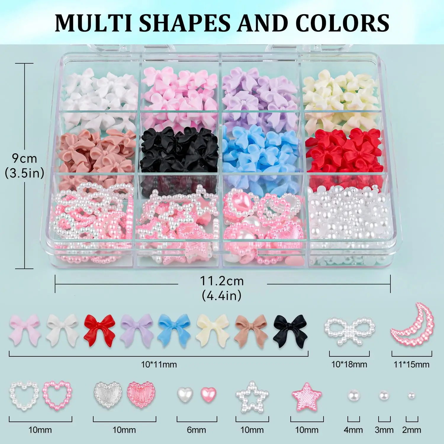 500 Pcs 3D Nail Charms and Flatback Pearls Set 1, 8 Colors Nail Bows Charm + Pink&White Star Heart Moon Cute Nail Jewels 2-4mm