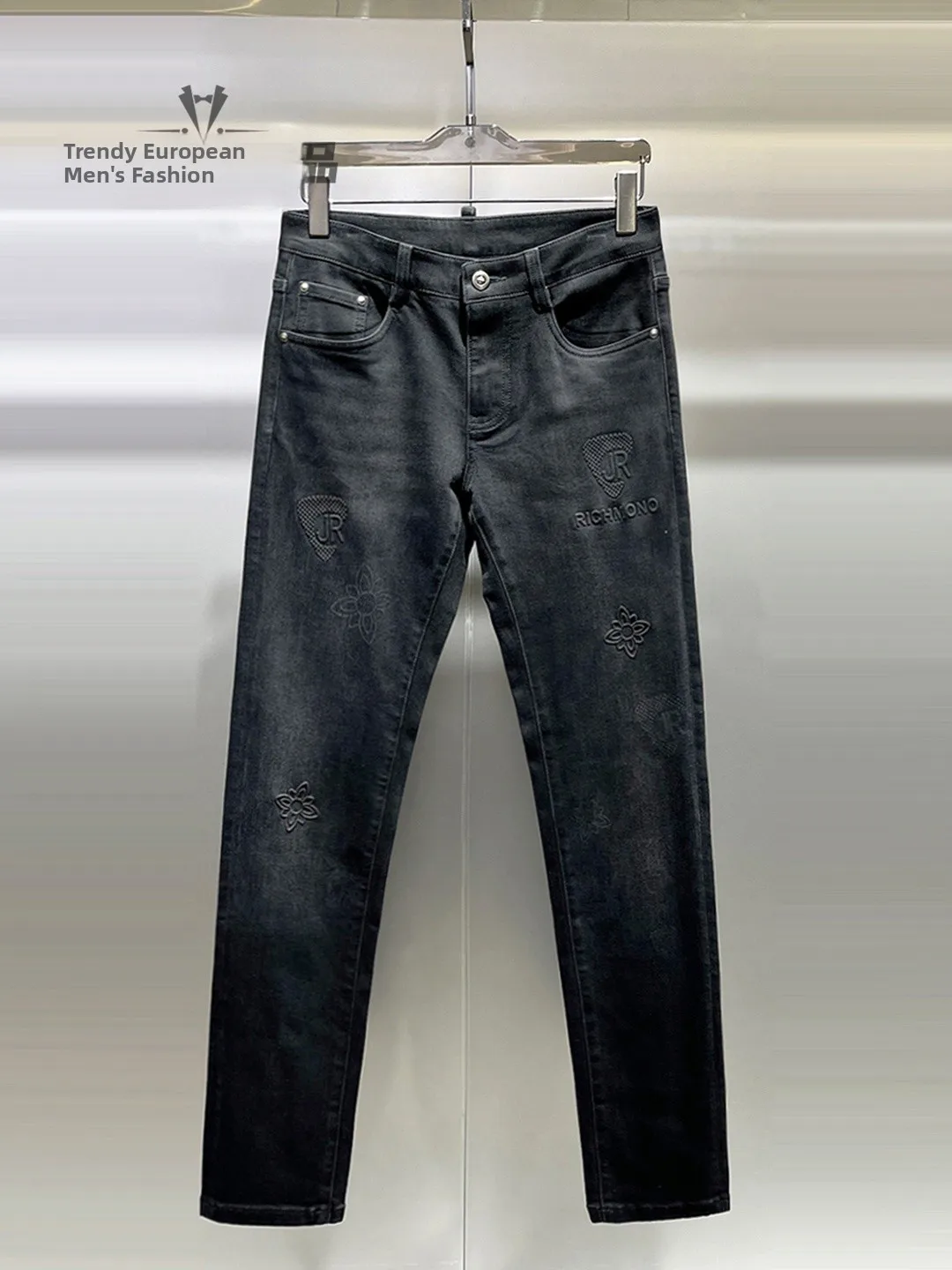 

Роскошные джинсы с тиснением для мужчин, облегающие, эластичные, повседневные, в корейском стиле, осенне-зимние, модные, зауженные брюки