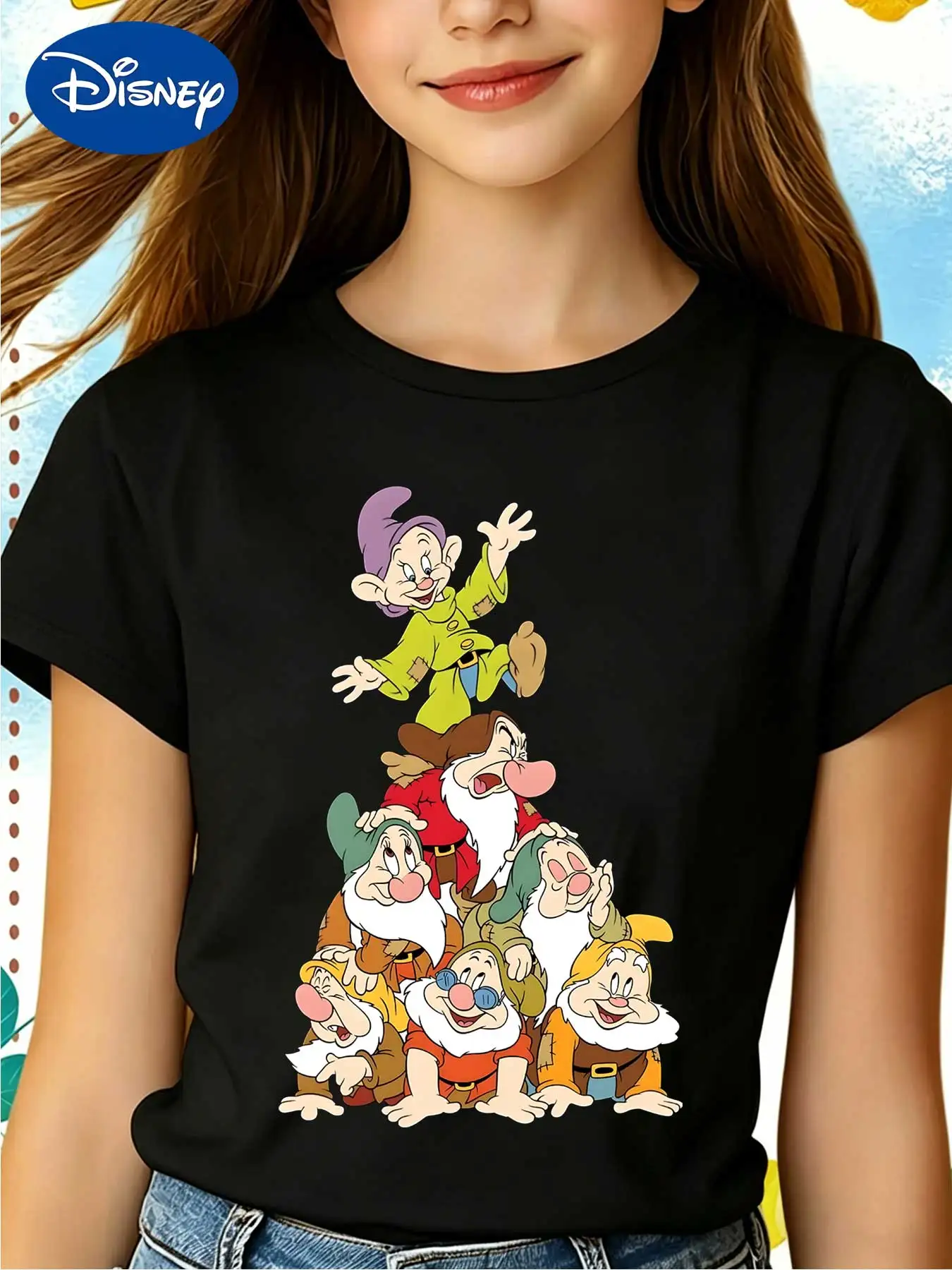 Camiseta apilada de Blancanieves y los siete enanitos de Disney para niñas, manga corta, corte holgado, estilo veraniego