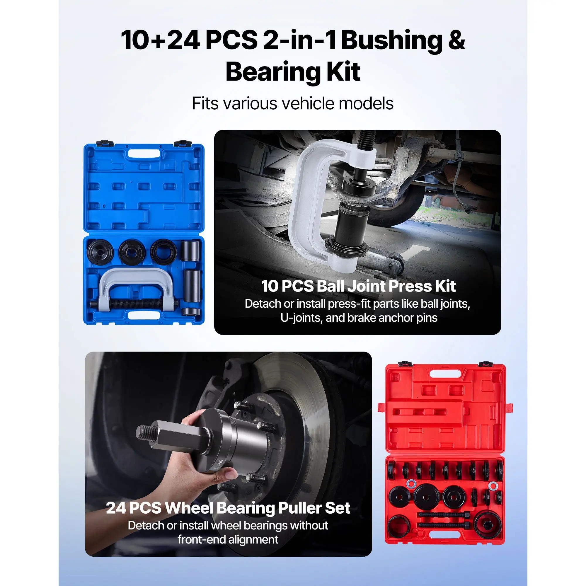 Bearing Press Kit, 10+24 Pcs, 2 in 1 Ball Joint Press & Wheel Bearing Puller Kit, Race and Seal Driver Set with 13 Bushings, C-Frame and Sleeves, Heavy Duty Removal Installation Set with Case